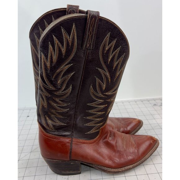 Vintage Dan Post Western Cowboy Boots Leather Sole Men's Size 8 Brown & Tan - Picture 7 of 14